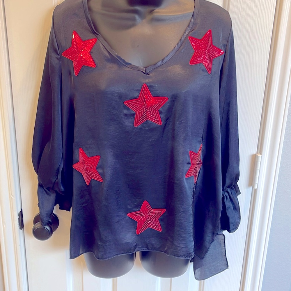 Navy silk deal top with red sequin stars. Size small. NWOT